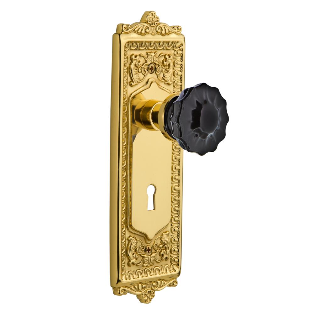 Nostalgic Warehouse EADCRB Colored Crystal Egg & Dart Plate with Keyhole Passage Crystal Black Glass Door Knob in Unlaquered Brass